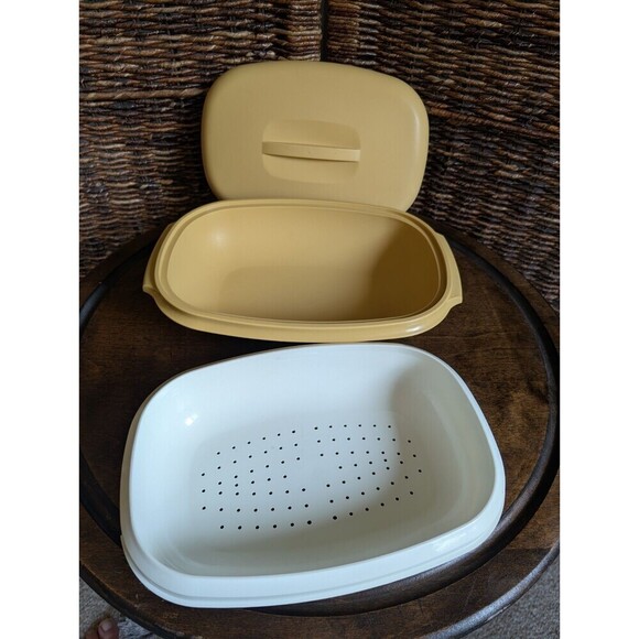 Tupperware Microwave Vegetable Steamer 3 Piece Harvest Gold Vintage - Picture 2 of 9